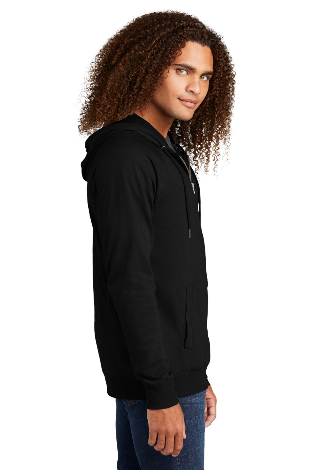 District DT573 Mens French Terry Full Zip Hooded Sweatshirt Hoodie w/ Pockets Black Model Side