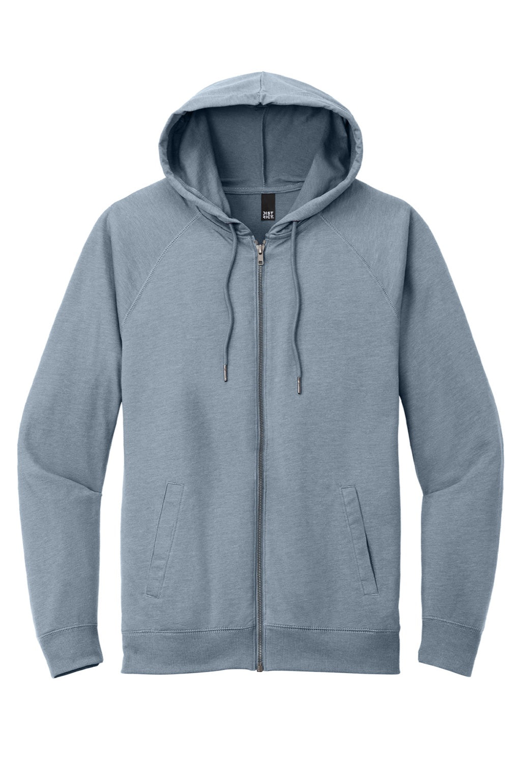 District DT573 Mens French Terry Full Zip Hooded Sweatshirt Hoodie w/ Pockets Heather Flint Blue Flat Front