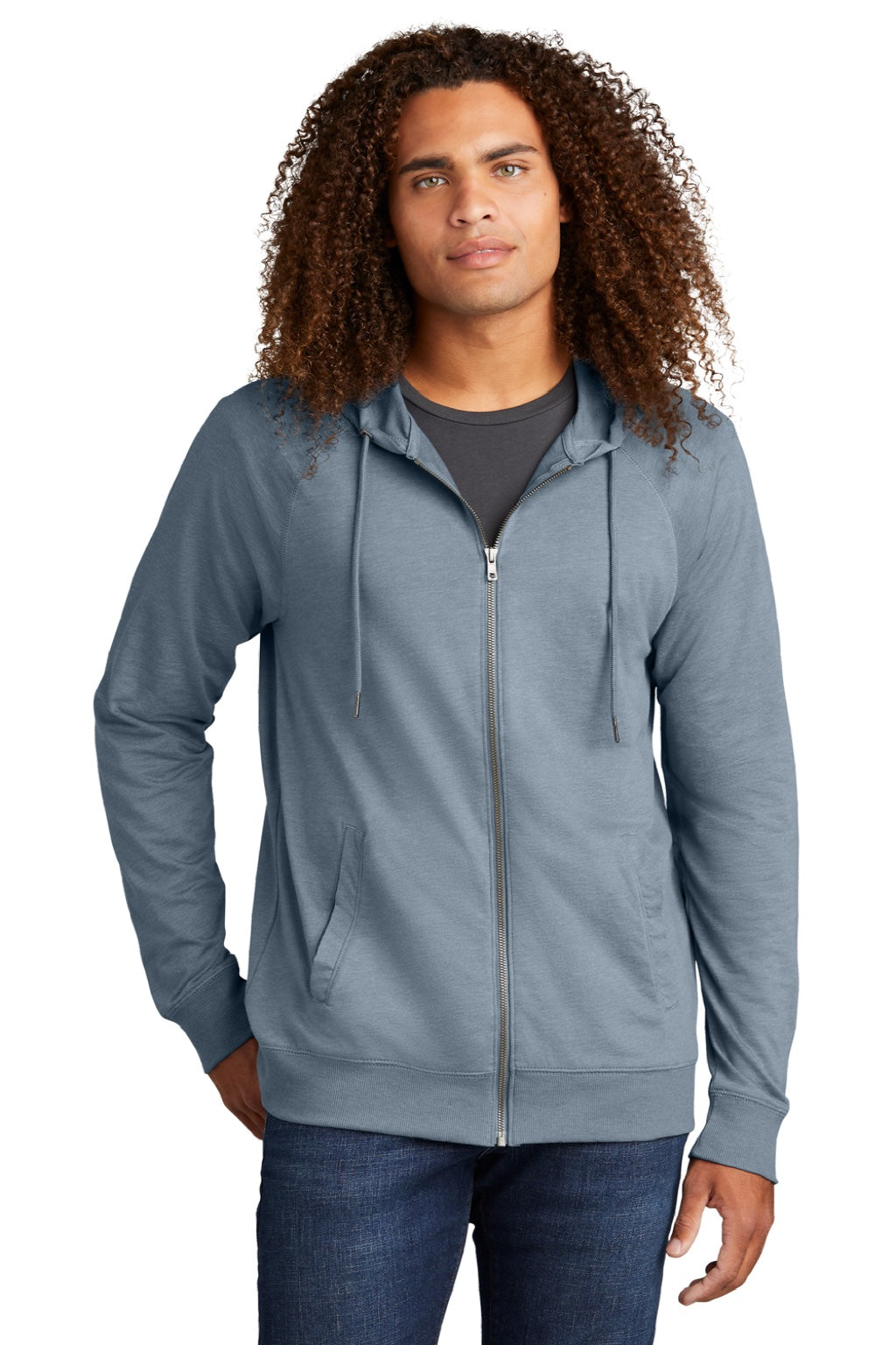 District DT573 Mens French Terry Full Zip Hooded Sweatshirt Hoodie w/ Pockets Heather Flint Blue Model Front