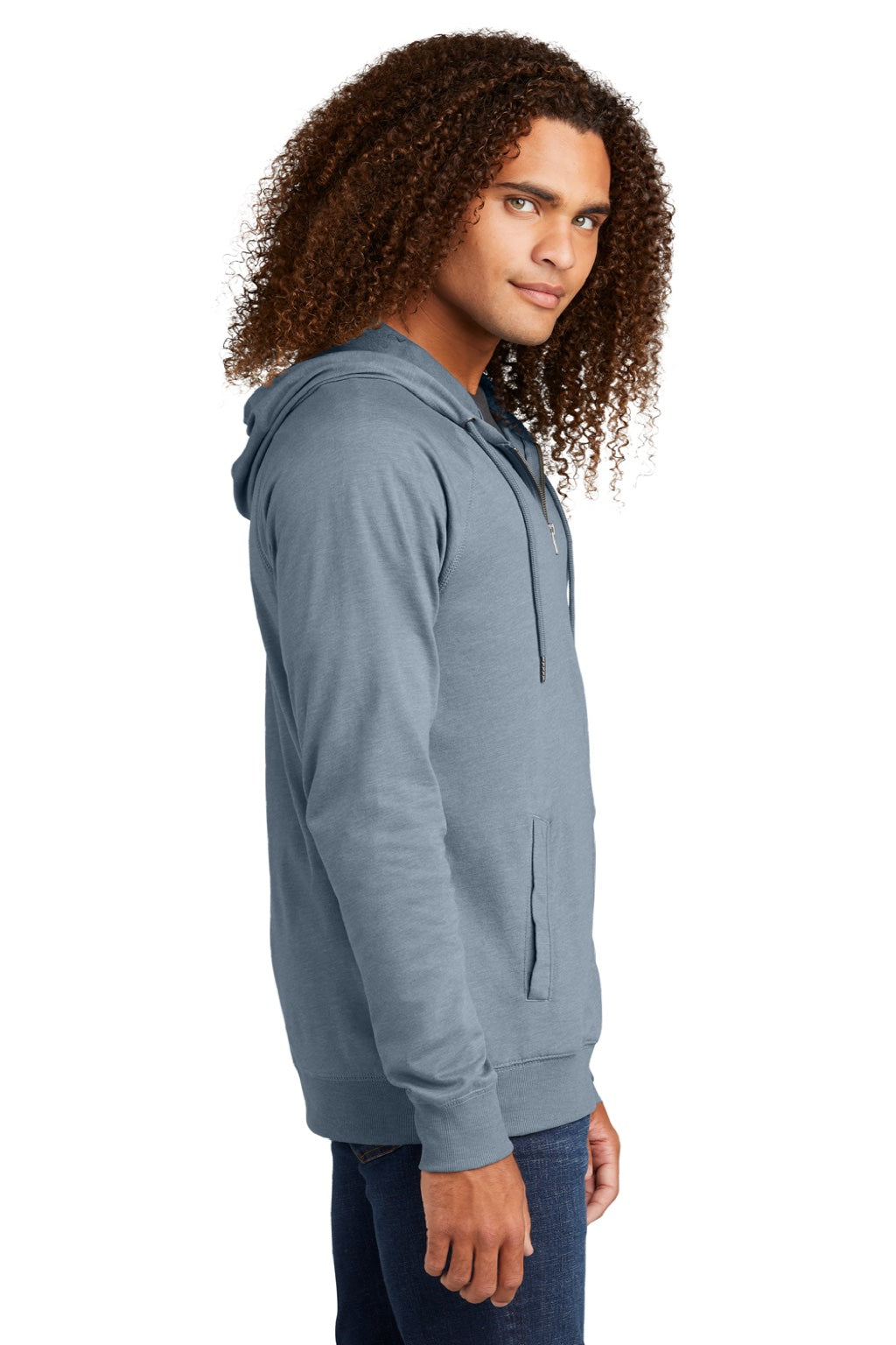 District DT573 Mens French Terry Full Zip Hooded Sweatshirt Hoodie w/ Pockets Heather Flint Blue Model Side