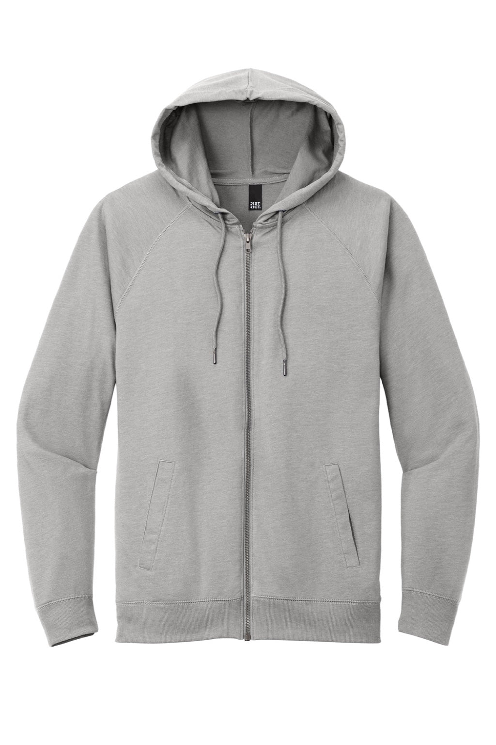 District DT573 Mens French Terry Full Zip Hooded Sweatshirt Hoodie w/ Pockets Heather Light Grey Flat Front