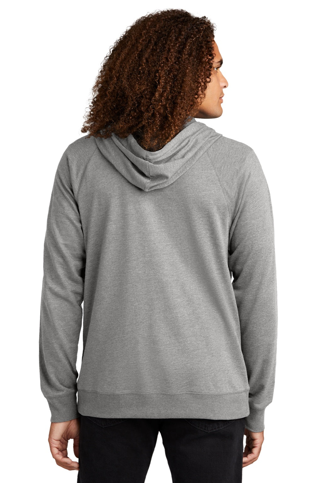 District DT573 Mens French Terry Full Zip Hooded Sweatshirt Hoodie w/ Pockets Heather Light Grey Model Back