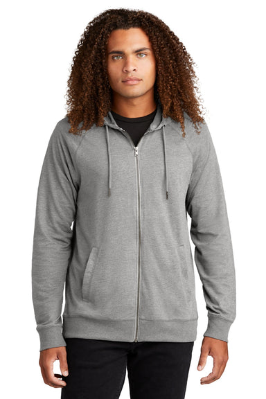 District DT573 Mens French Terry Full Zip Hooded Sweatshirt Hoodie w/ Pockets Heather Light Grey Model Front