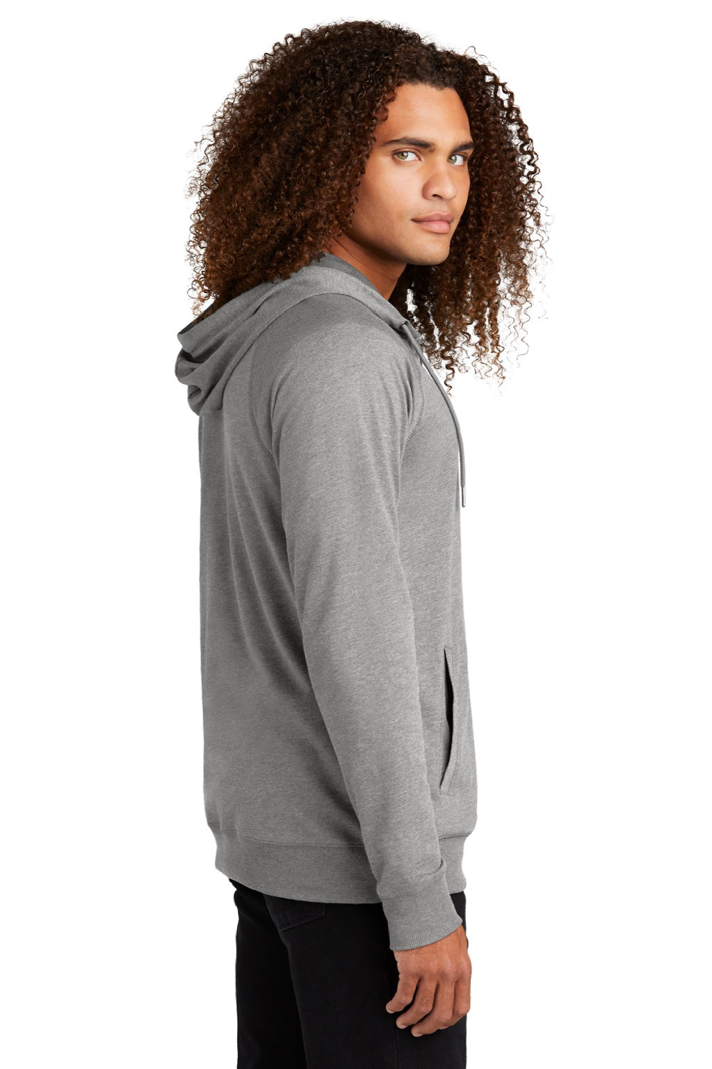 District DT573 Mens French Terry Full Zip Hooded Sweatshirt Hoodie w/ Pockets Heather Light Grey Model Side
