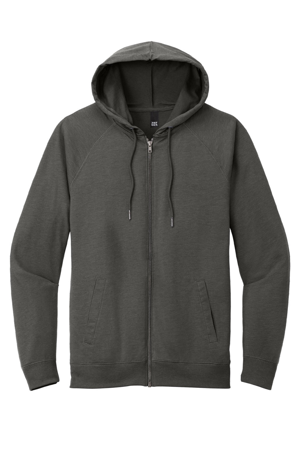 District DT573 Mens French Terry Full Zip Hooded Sweatshirt Hoodie w/ Pockets Washed Coal Grey Flat Front