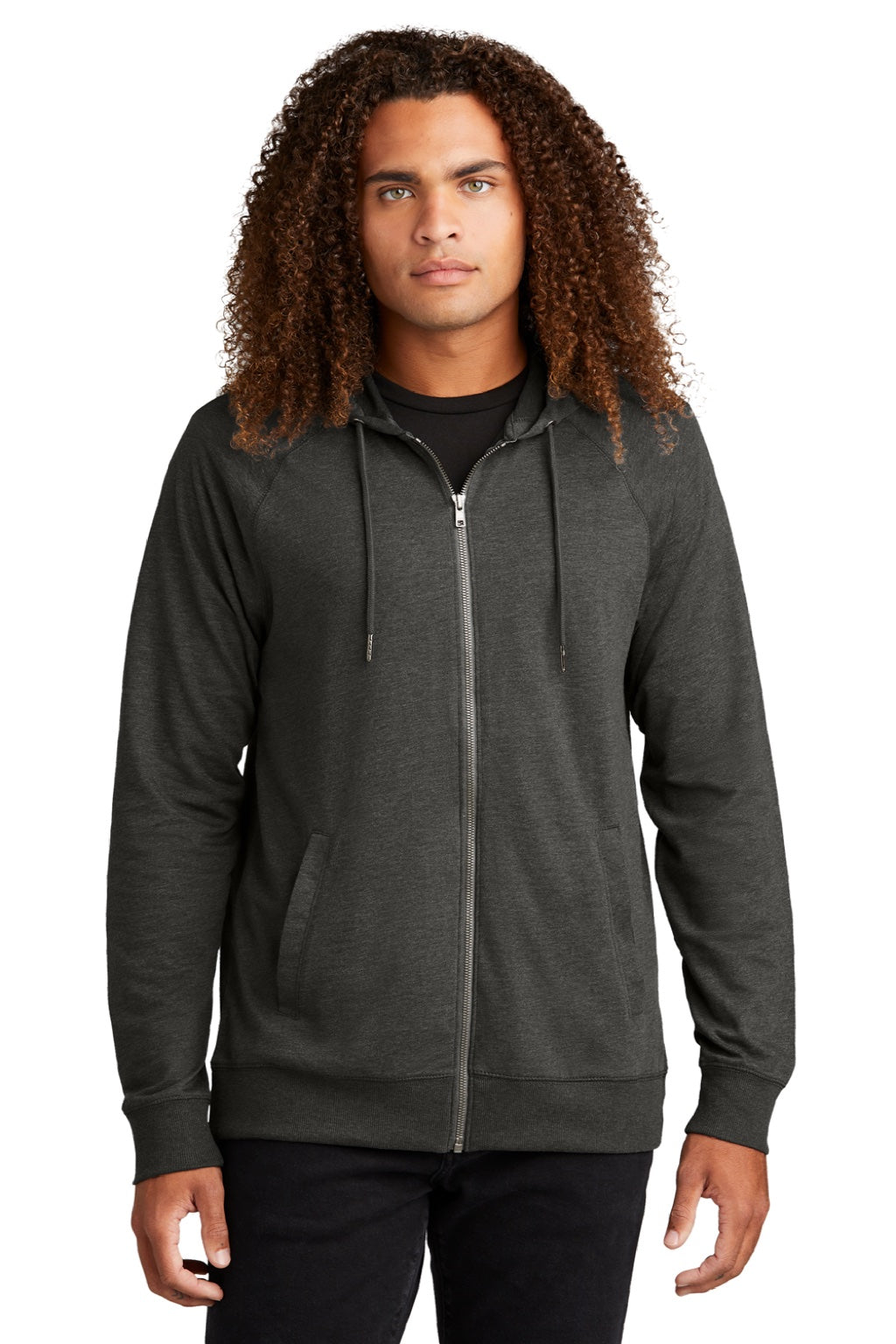 District DT573 Mens French Terry Full Zip Hooded Sweatshirt Hoodie w/ Pockets Washed Coal Grey Model Front