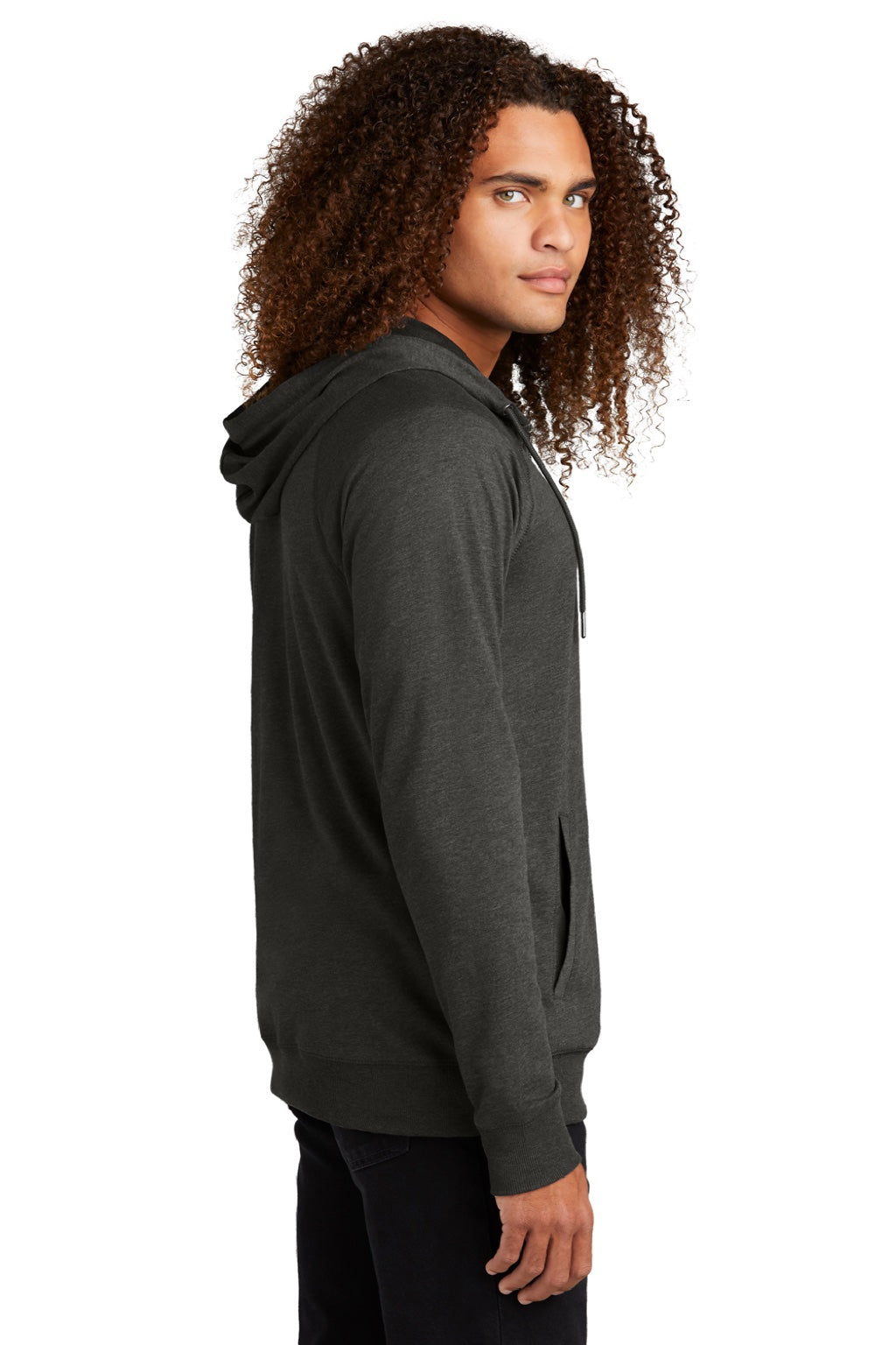 District DT573 Mens French Terry Full Zip Hooded Sweatshirt Hoodie w/ Pockets Washed Coal Grey Model Side