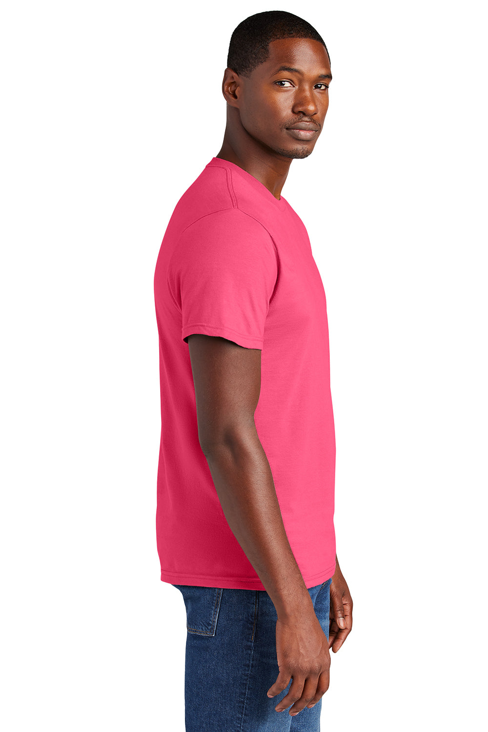 District DT6000 Mens Very Important Short Sleeve Crewneck T-Shirt Neon Pink Model Side