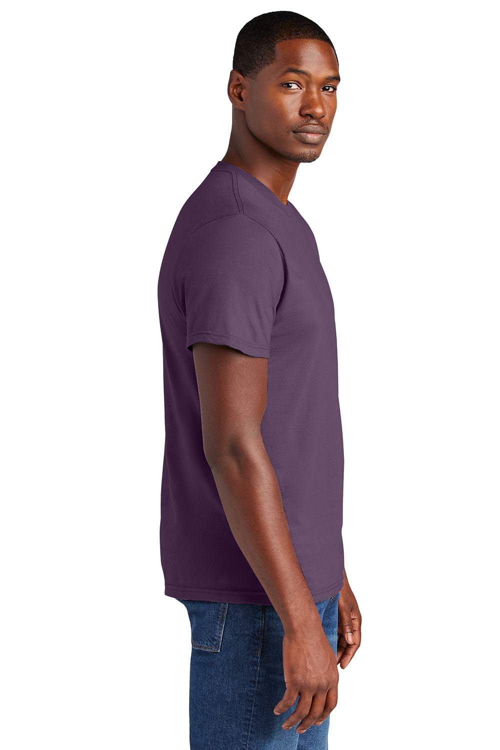 District DT6000 Mens Very Important Short Sleeve Crewneck T-Shirt Eggplant Purple Model Side