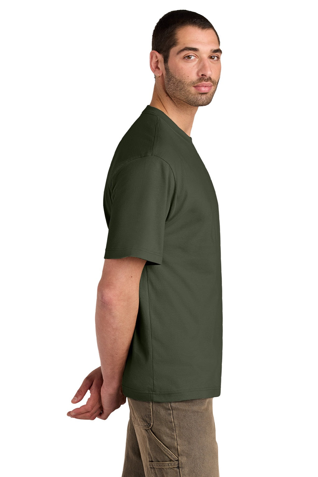 District DT6065 Mens Very Important Short Sleeve Crewneck T-Shirt Olive Green Model Side