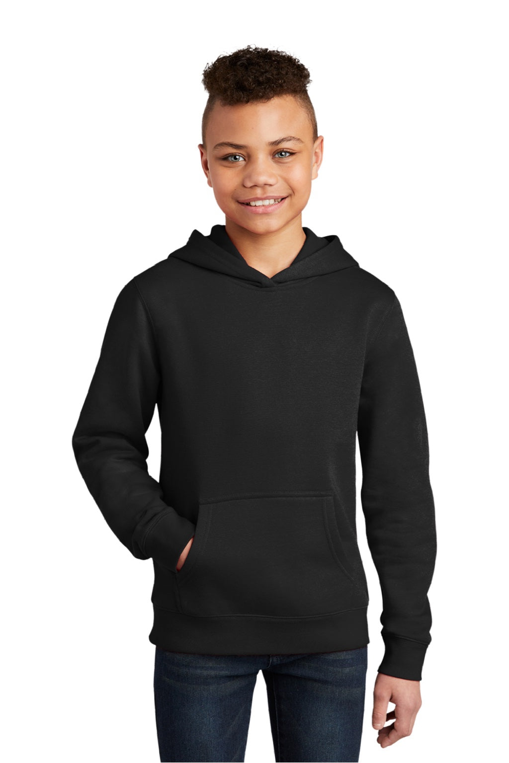 District DT6100Y Youth Very Important Fleece Hooded Sweatshirt Hoodie w/ Pouch Pocket Black Model Front