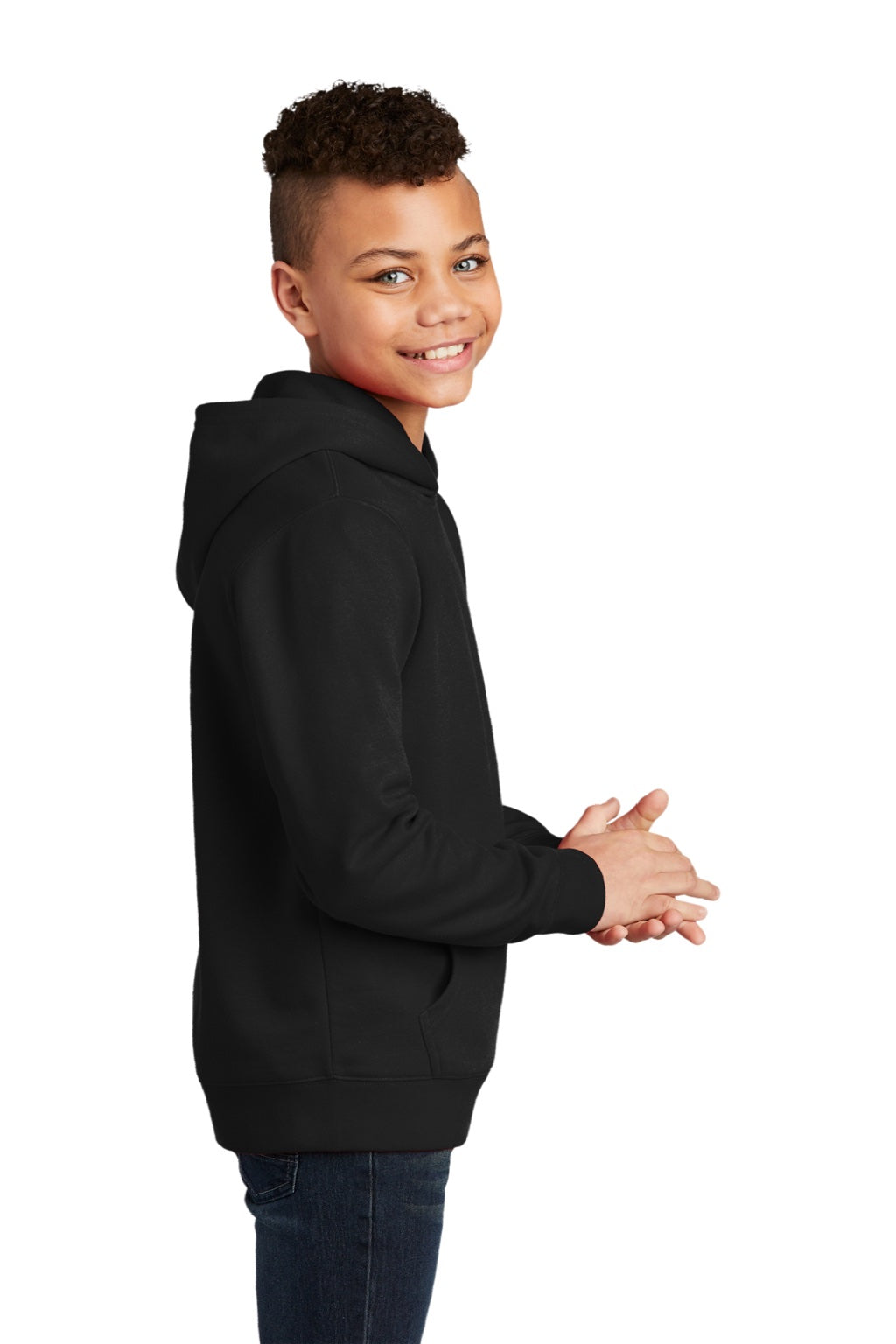 District DT6100Y Youth Very Important Fleece Hooded Sweatshirt Hoodie w/ Pouch Pocket Black Model Side