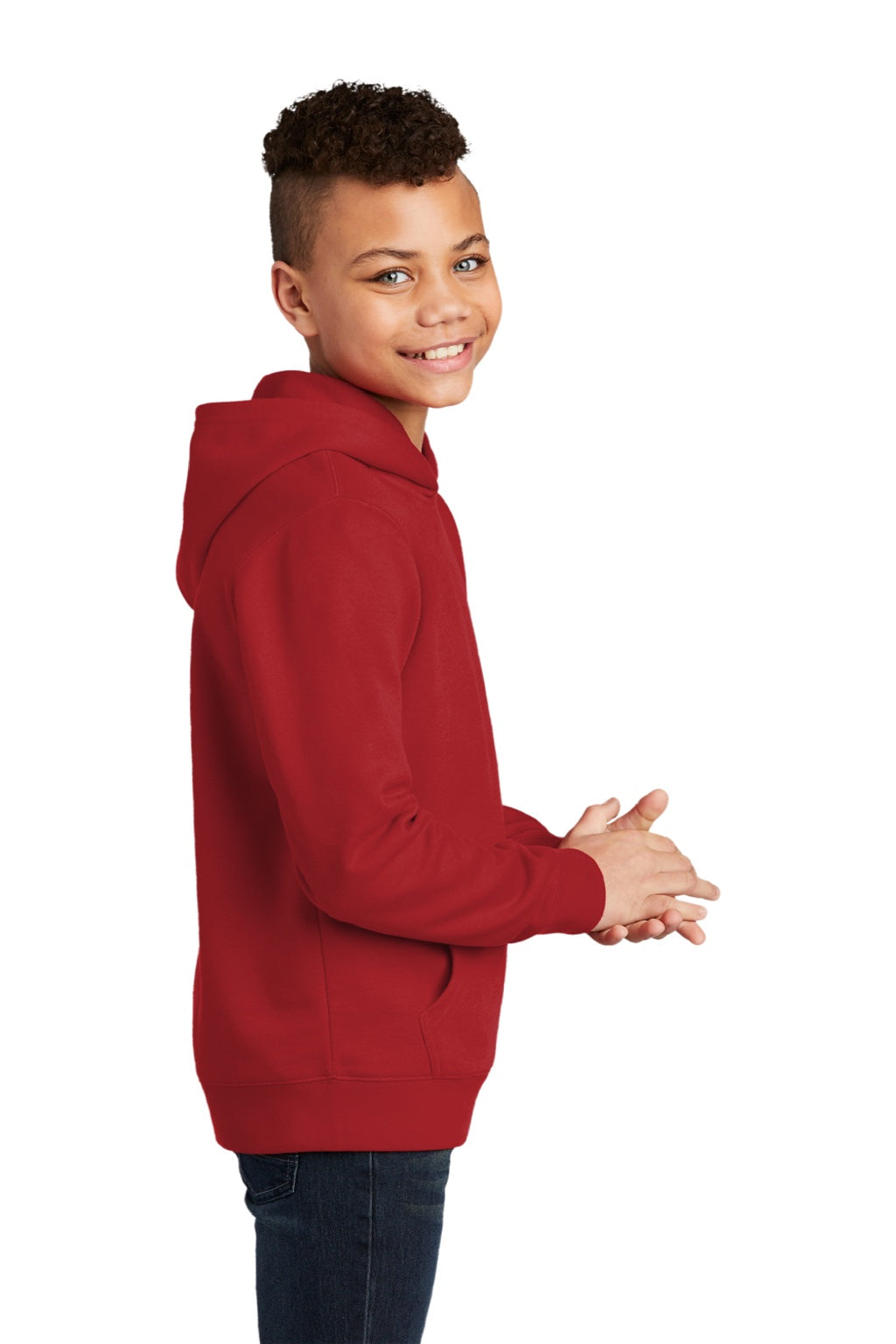 District DT6100Y Youth Very Important Fleece Hooded Sweatshirt Hoodie w/ Pouch Pocket Classic Red Model Side
