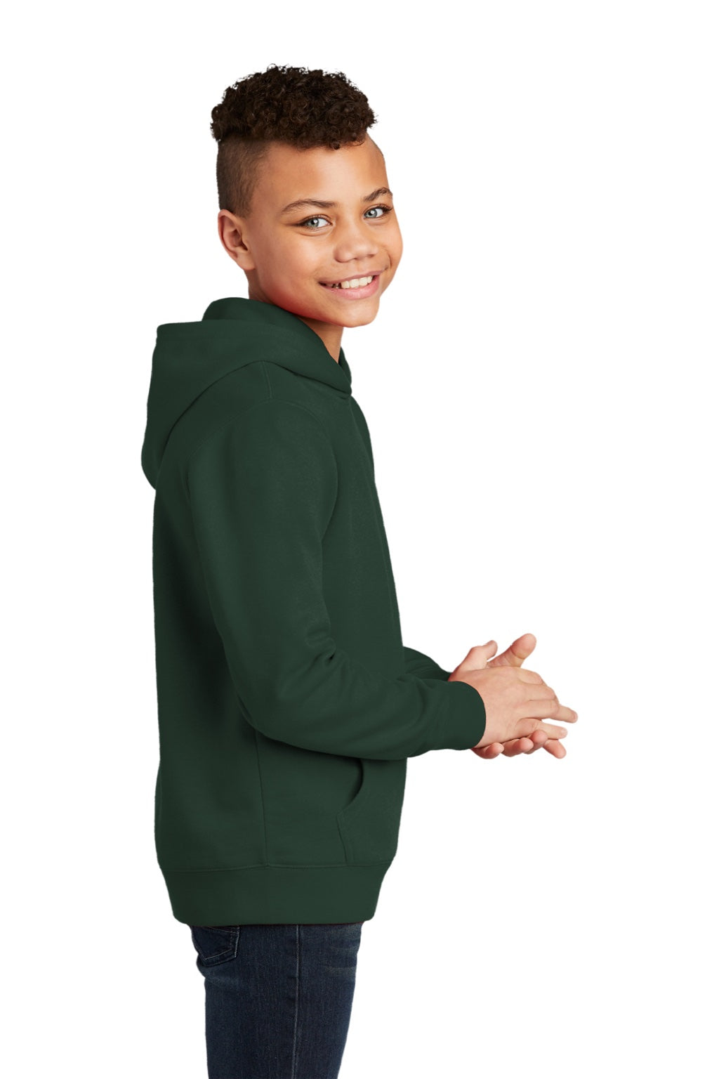 District DT6100Y Youth Very Important Fleece Hooded Sweatshirt Hoodie w/ Pouch Pocket Forest Green Model Side