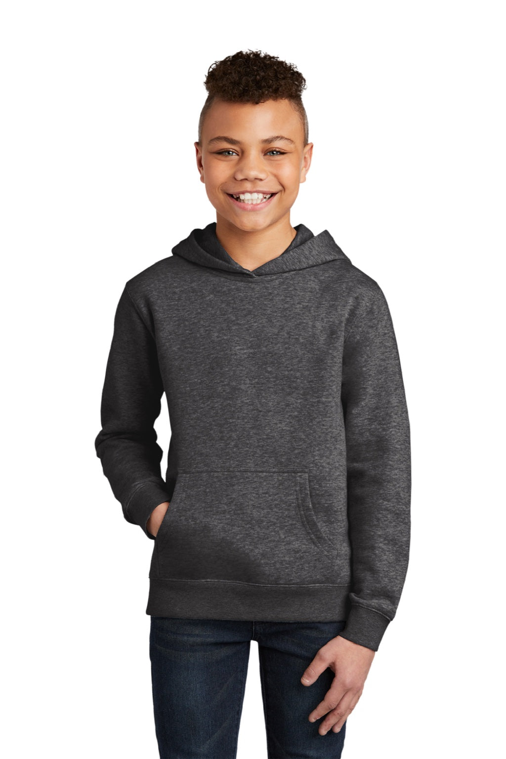 District DT6100Y Youth Very Important Fleece Hooded Sweatshirt Hoodie w/ Pouch Pocket Heather Charcoal Grey Model Front
