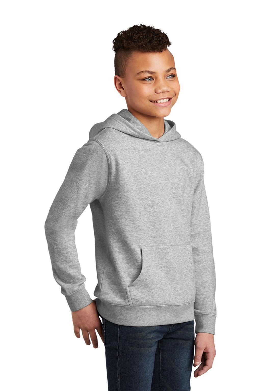District DT6100Y Youth Very Important Fleece Hooded Sweatshirt Hoodie w/ Pouch Pocket Heather Light Grey Model 3q