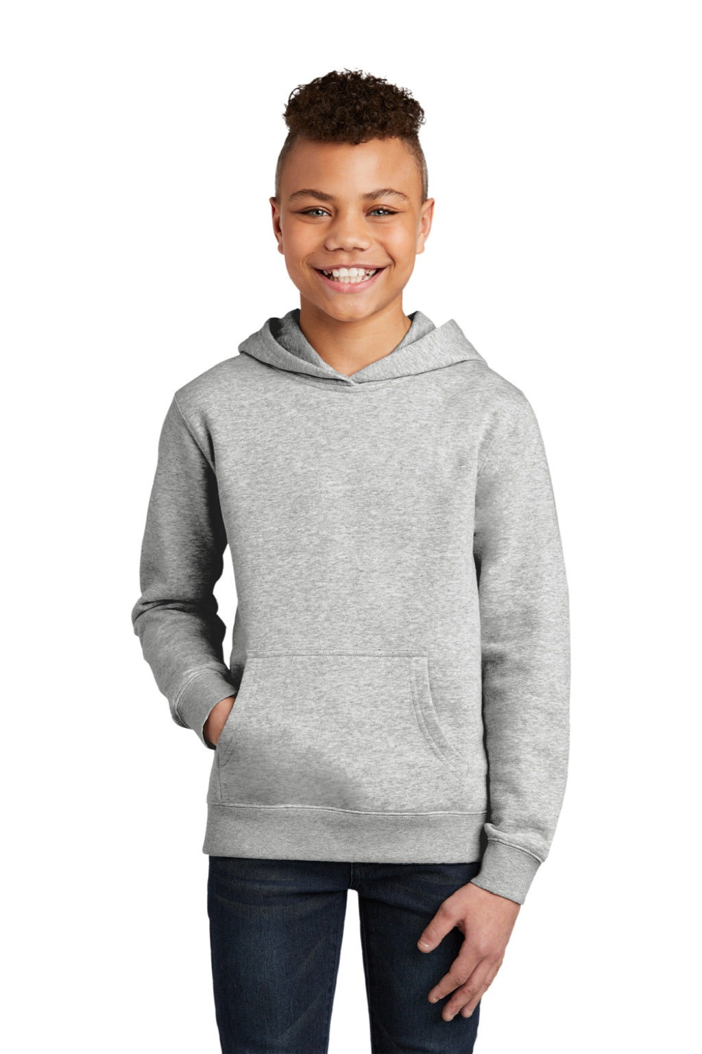 District DT6100Y Youth Very Important Fleece Hooded Sweatshirt Hoodie w/ Pouch Pocket Heather Light Grey Model Front