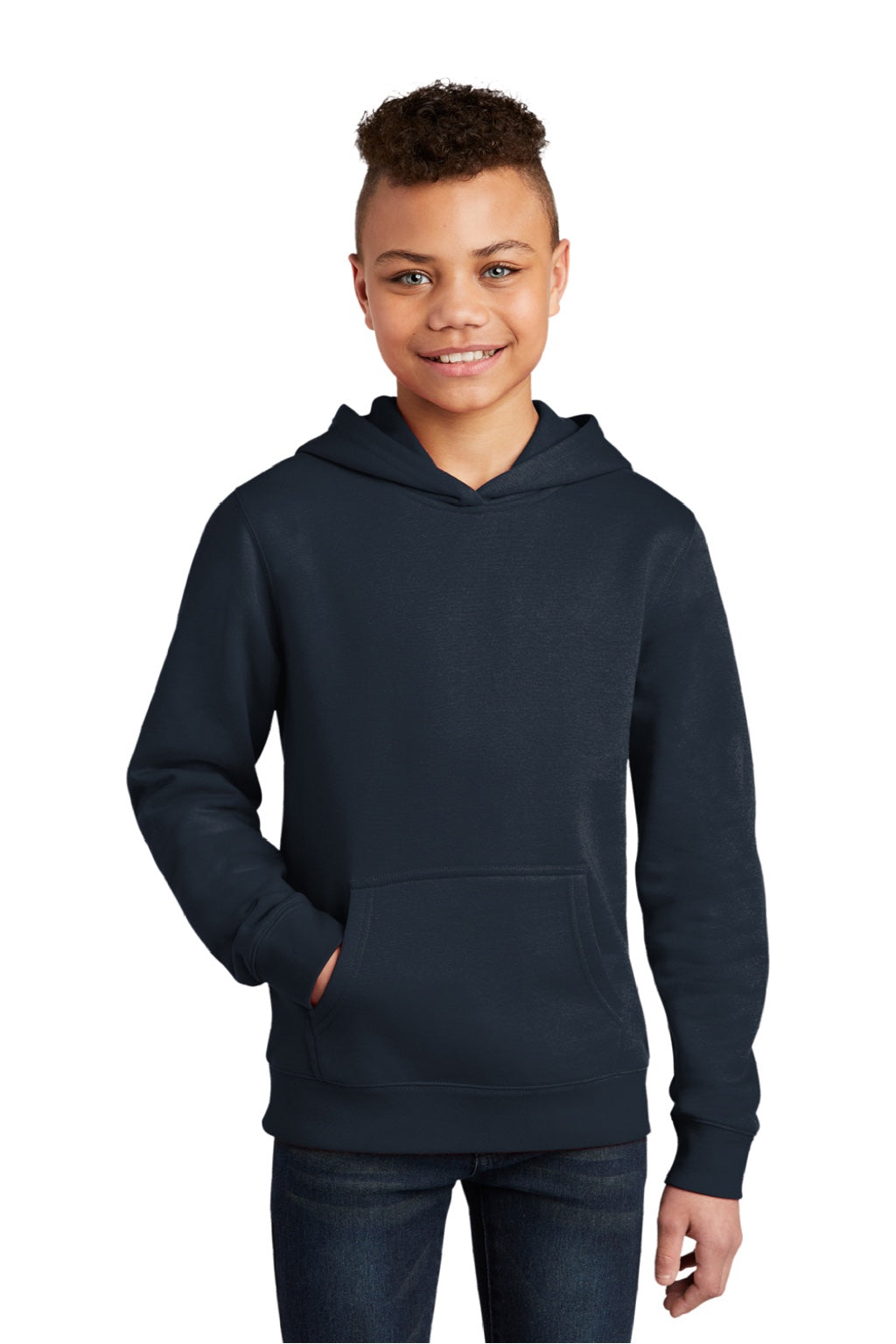 District DT6100Y Youth Very Important Fleece Hooded Sweatshirt Hoodie w/ Pouch Pocket New Navy Blue Model Front