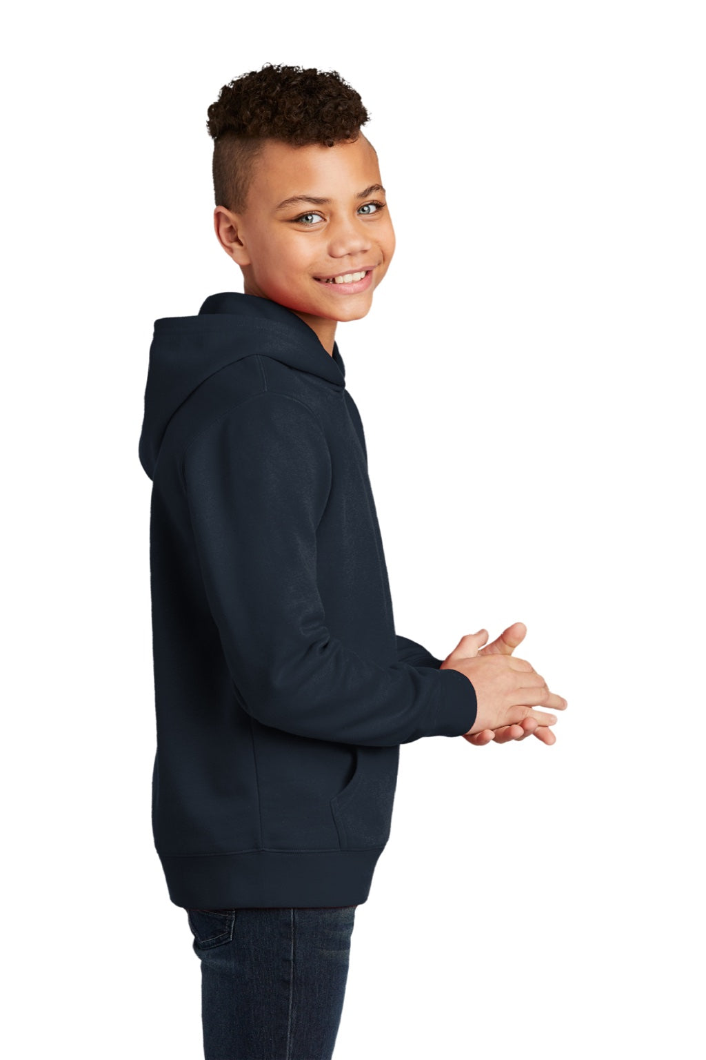 District DT6100Y Youth Very Important Fleece Hooded Sweatshirt Hoodie w/ Pouch Pocket New Navy Blue Model Side