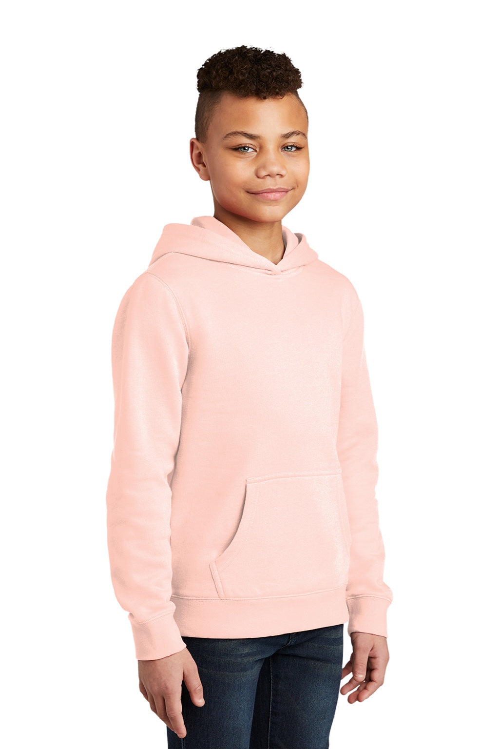 District DT6100Y Youth Very Important Fleece Hooded Sweatshirt Hoodie w/ Pouch Pocket Rosewater Pink Model 3q