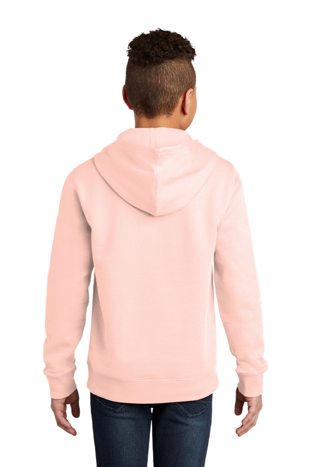 District DT6100Y Youth Very Important Fleece Hooded Sweatshirt Hoodie w/ Pouch Pocket Rosewater Pink Model Back
