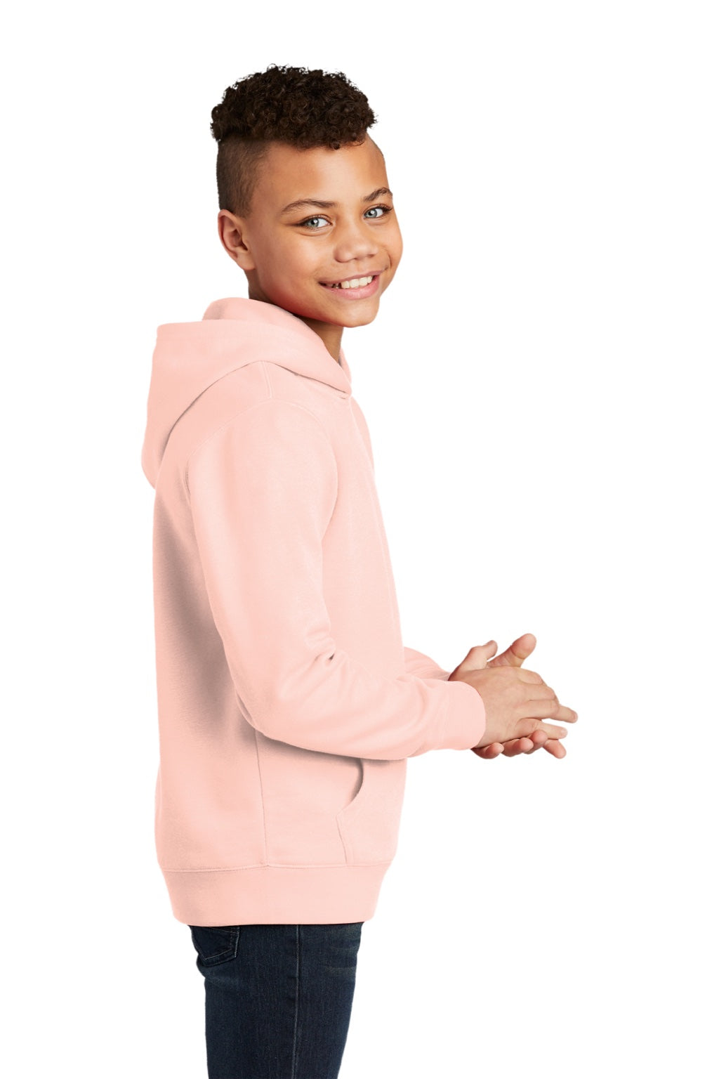 District DT6100Y Youth Very Important Fleece Hooded Sweatshirt Hoodie w/ Pouch Pocket Rosewater Pink Model Side