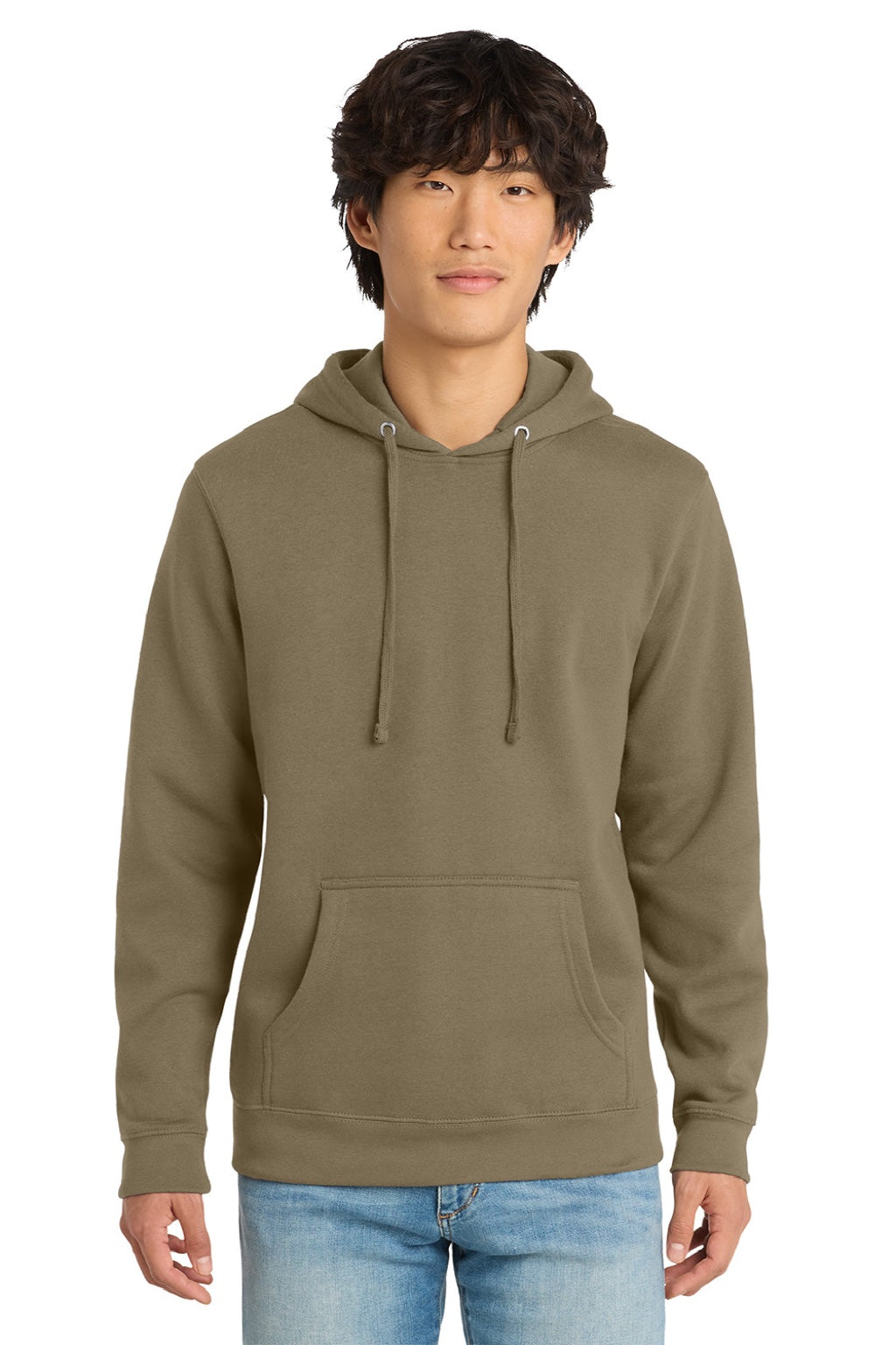 District DT6100 Mens Very Important Fleece Hooded Sweatshirt Hoodie w/ Pouch Pocket Coyote Brown Model Front