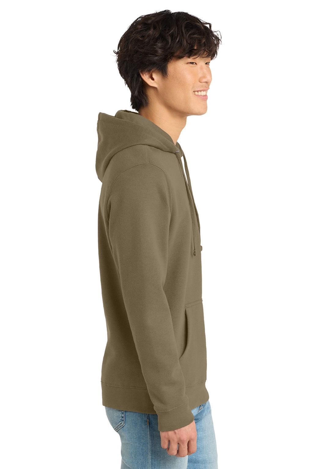 District DT6100 Mens Very Important Fleece Hooded Sweatshirt Hoodie w/ Pouch Pocket Coyote Brown Model Side