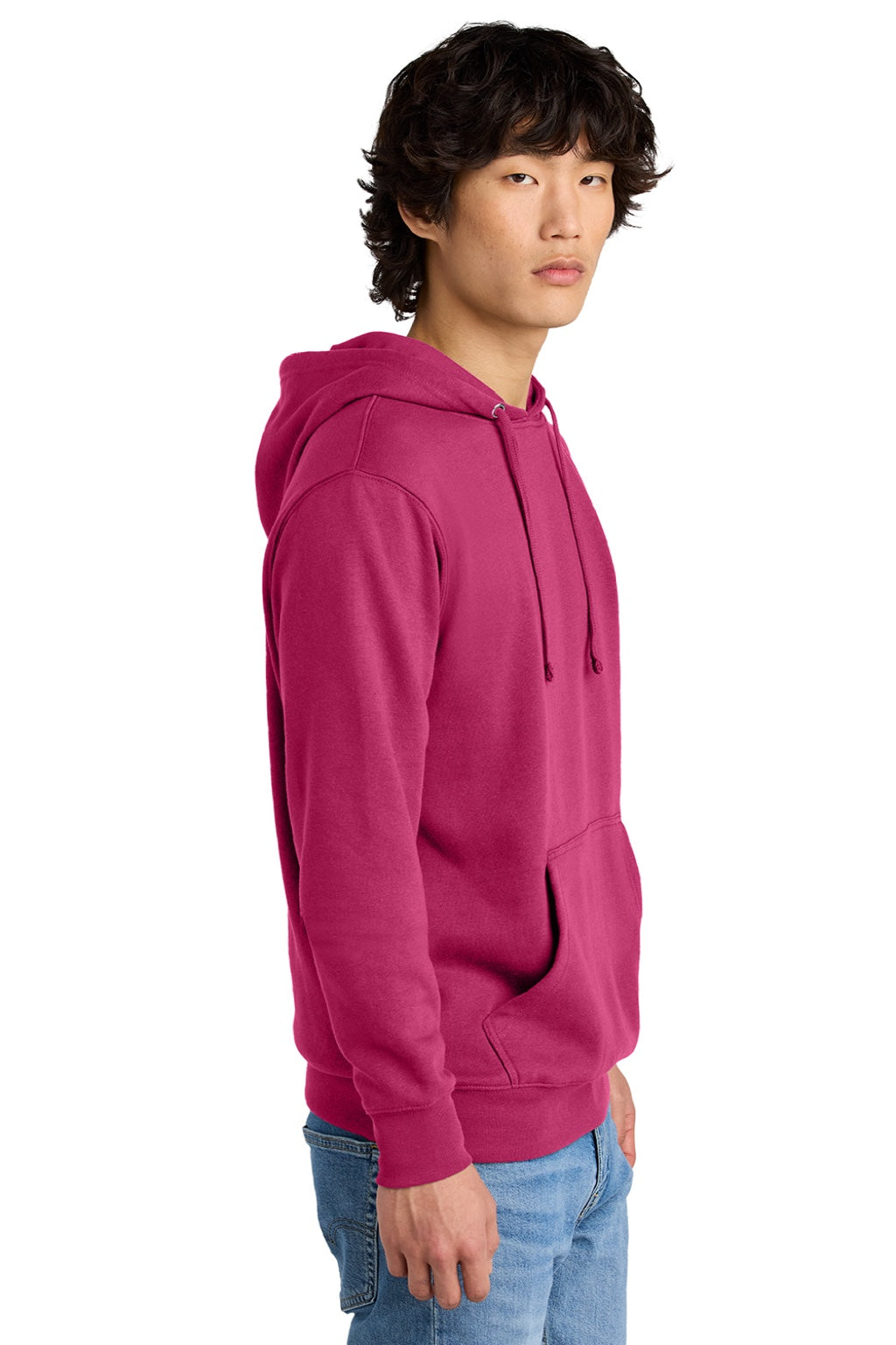 District DT6100 Mens Very Important Fleece Hooded Sweatshirt Hoodie w/ Pouch Pocket Dark Fuchsia Pink Model Side
