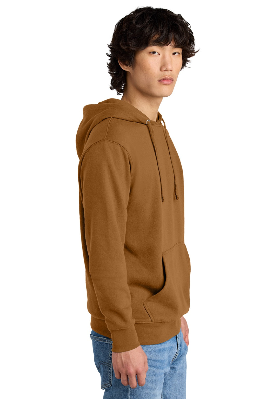 District DT6100 Mens Very Important Fleece Hooded Sweatshirt Hoodie w/ Pouch Pocket Duck Brown Model Side