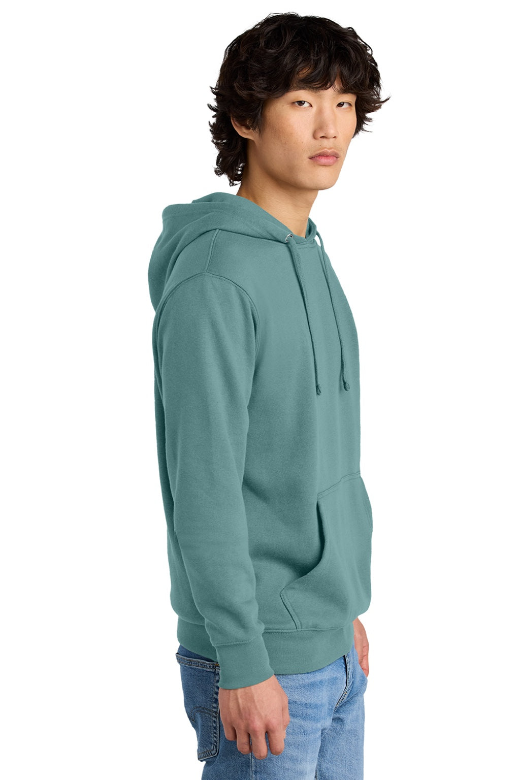 District DT6100 Mens Very Important Fleece Hooded Sweatshirt Hoodie w/ Pouch Pocket Eucalyptus Blue Model Side