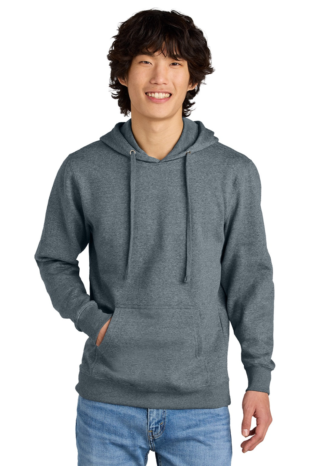 District DT6100 Mens Very Important Fleece Hooded Sweatshirt Hoodie w/ Pouch Pocket Heather Flint Blue Model Front