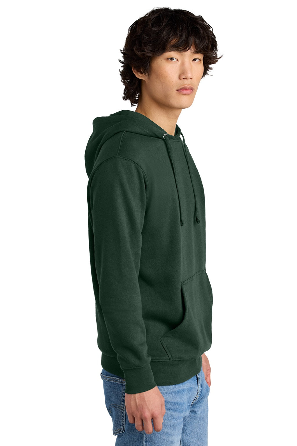 District DT6100 Mens Very Important Fleece Hooded Sweatshirt Hoodie w/ Pouch Pocket Forest Green Model Side