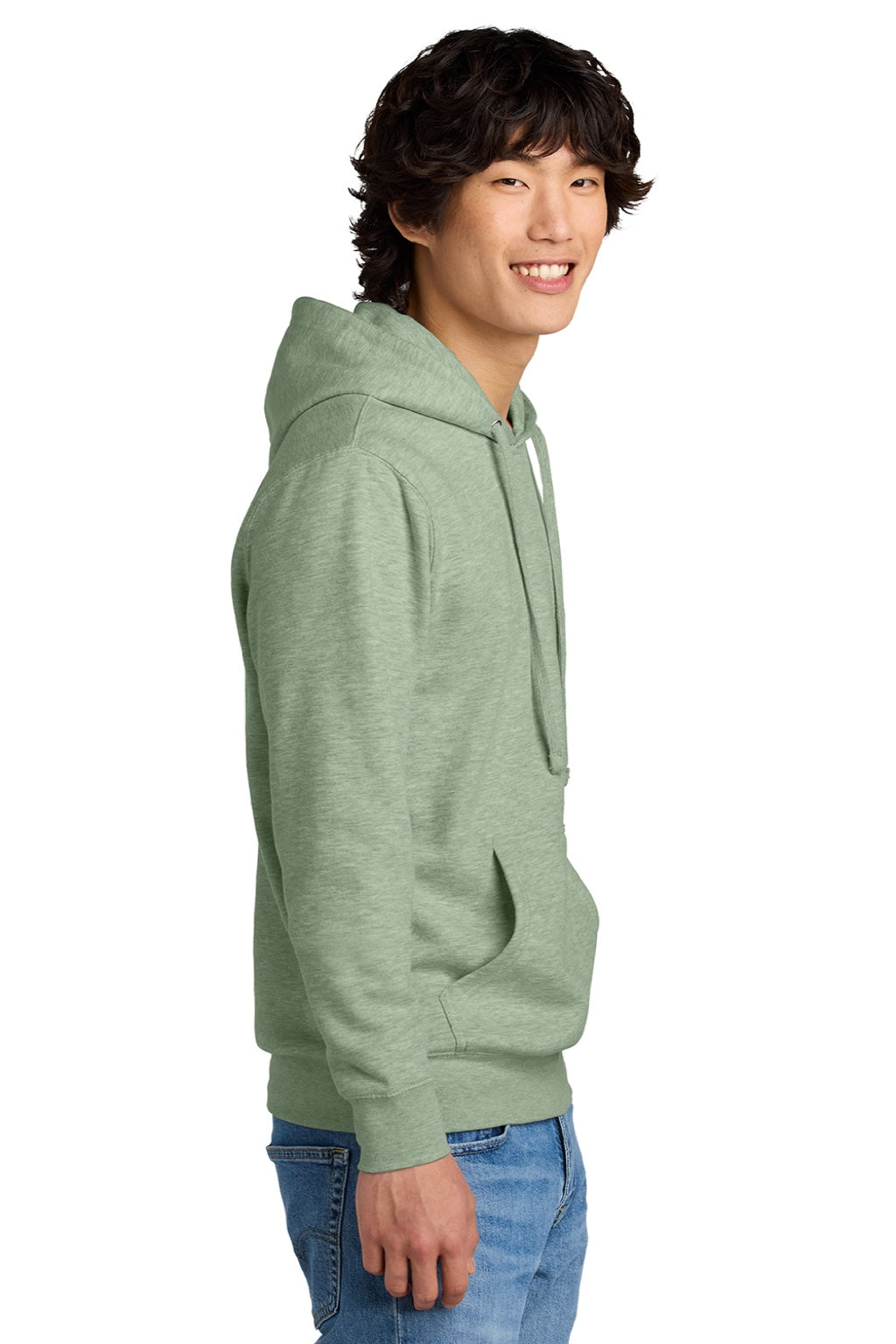 District DT6100 Mens Very Important Fleece Hooded Sweatshirt Hoodie w/ Pouch Pocket Heather Dusty Sage Model Side