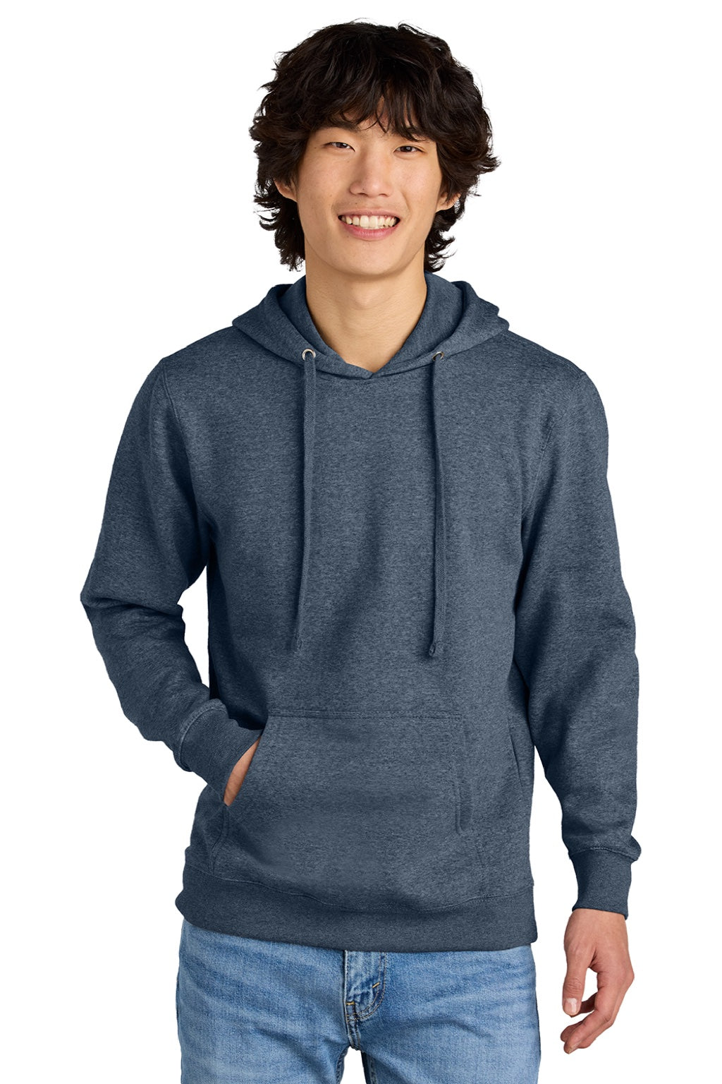 District DT6100 Mens Very Important Fleece Hooded Sweatshirt Hoodie w/ Pouch Pocket Heather Navy Blue Model Front