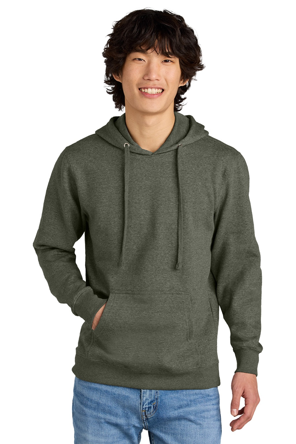 District DT6100 Mens Very Important Fleece Hooded Sweatshirt Hoodie w/ Pouch Pocket Heather Olive Green Model Front