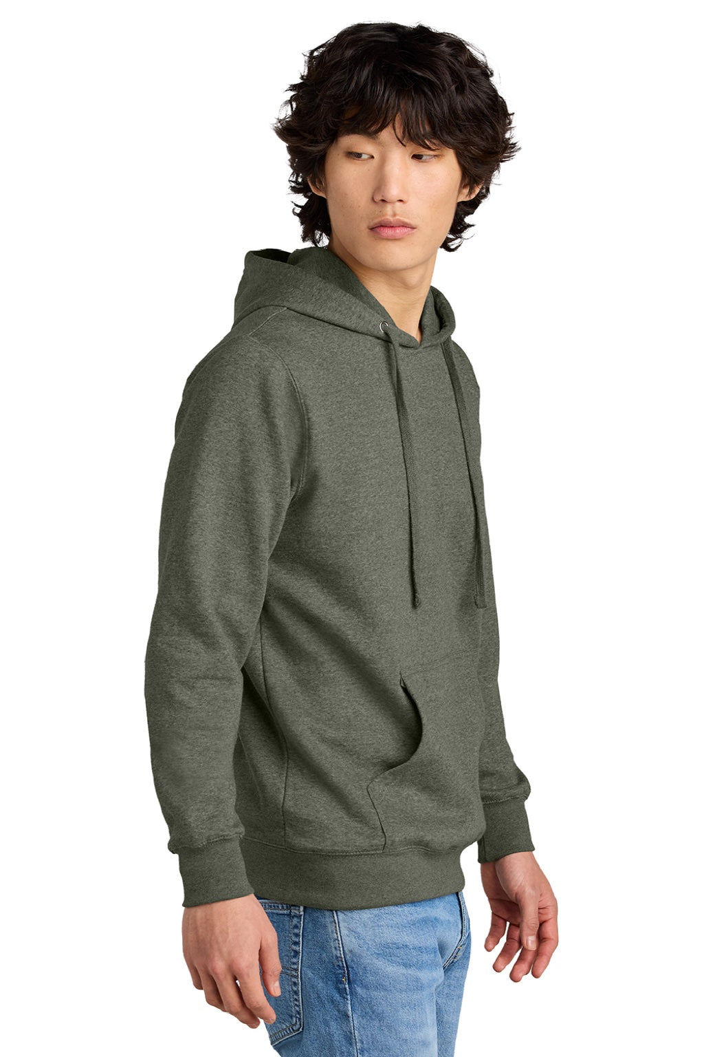 District DT6100 Mens Very Important Fleece Hooded Sweatshirt Hoodie w/ Pouch Pocket Heather Olive Green Model Side