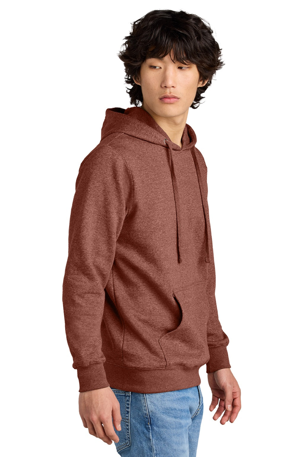 District DT6100 Mens Very Important Fleece Hooded Sweatshirt Hoodie w/ Pouch Pocket Heather Russet Red Model Side
