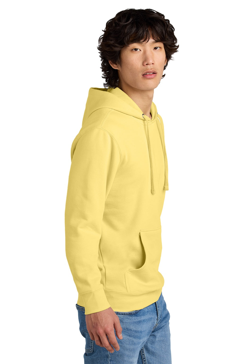 District DT6100 Mens Very Important Fleece Hooded Sweatshirt Hoodie w/ Pouch Pocket Light Yellow Model Side