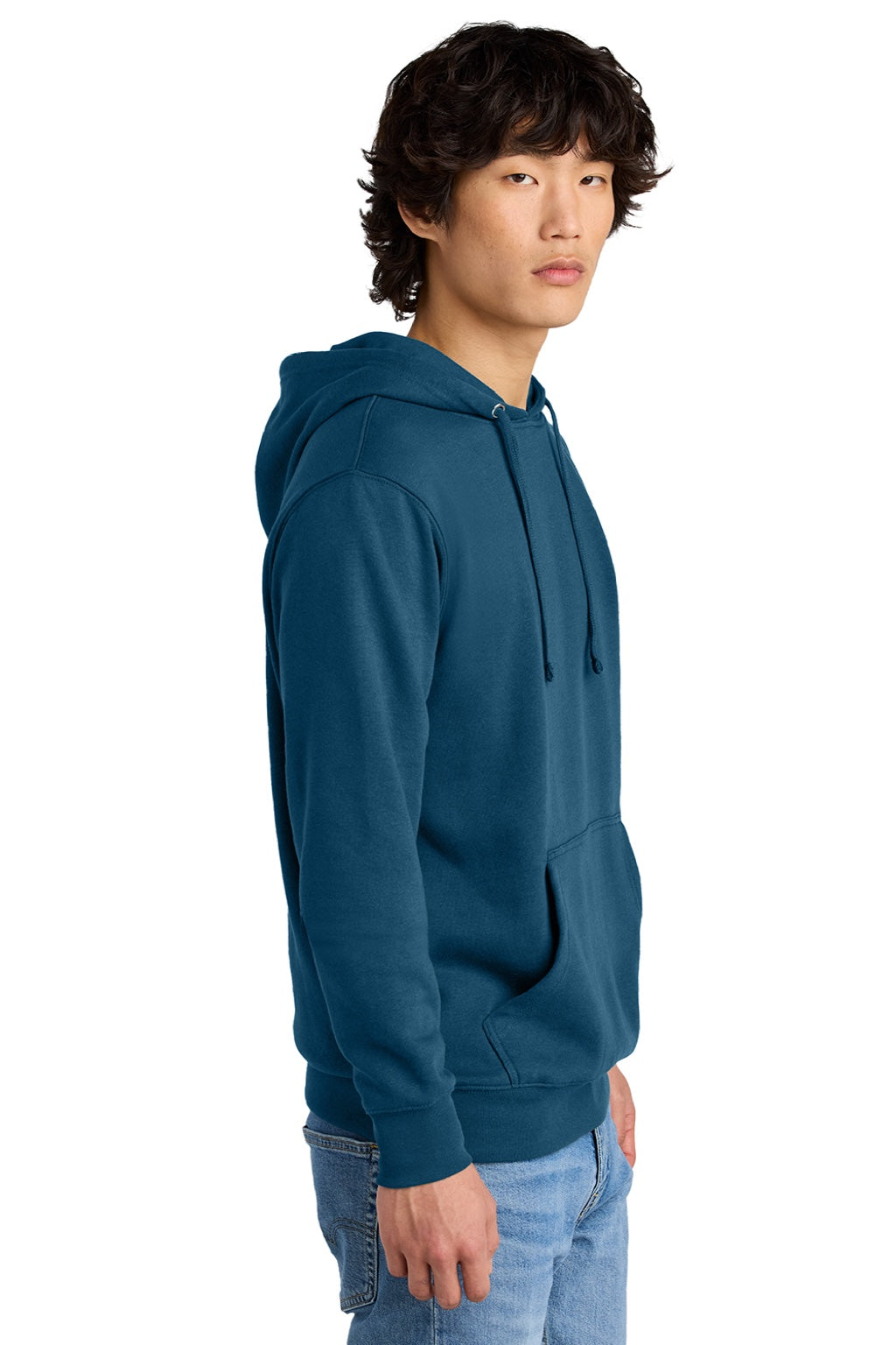 District DT6100 Mens Very Important Fleece Hooded Sweatshirt Hoodie w/ Pouch Pocket Neptune Blue Model Side