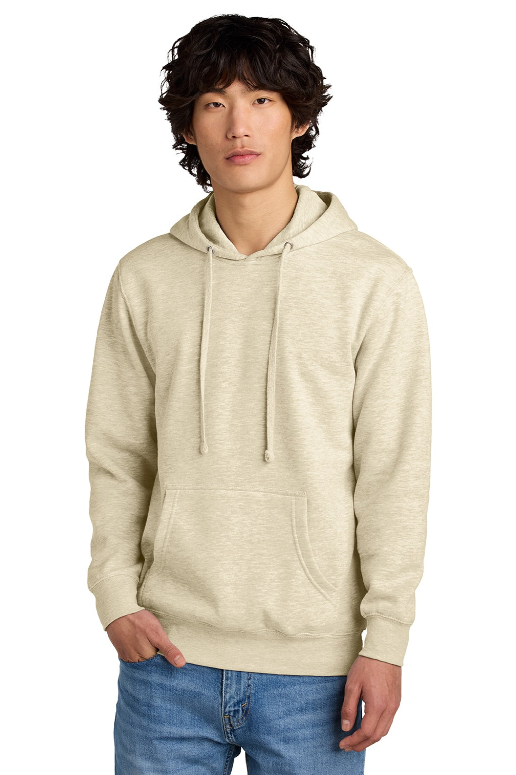 District DT6100 Mens Very Important Fleece Hooded Sweatshirt Hoodie w/ Pouch Pocket Heather Oatmeal Model Front