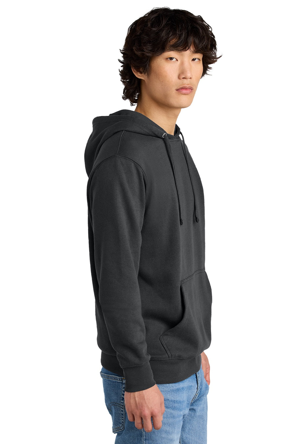 District DT6100 Mens Very Important Fleece Hooded Sweatshirt Hoodie w/ Pouch Pocket Charcoal Grey Model Side