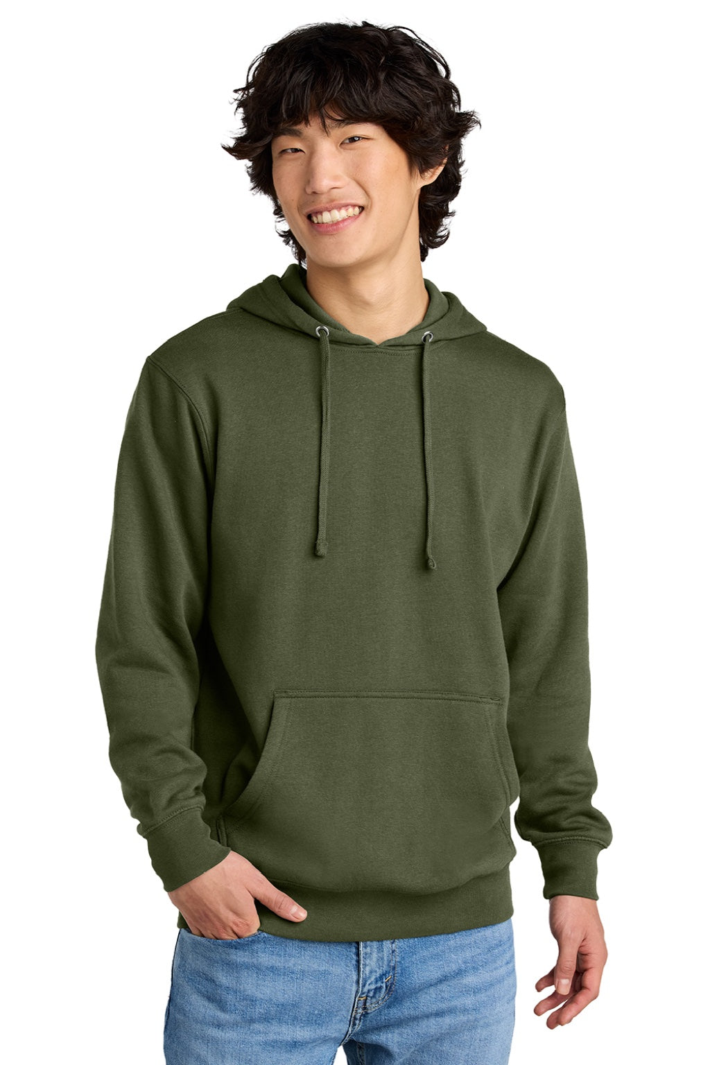 District DT6100 Mens Very Important Fleece Hooded Sweatshirt Hoodie w/ Pouch Pocket Olive Green Model Front