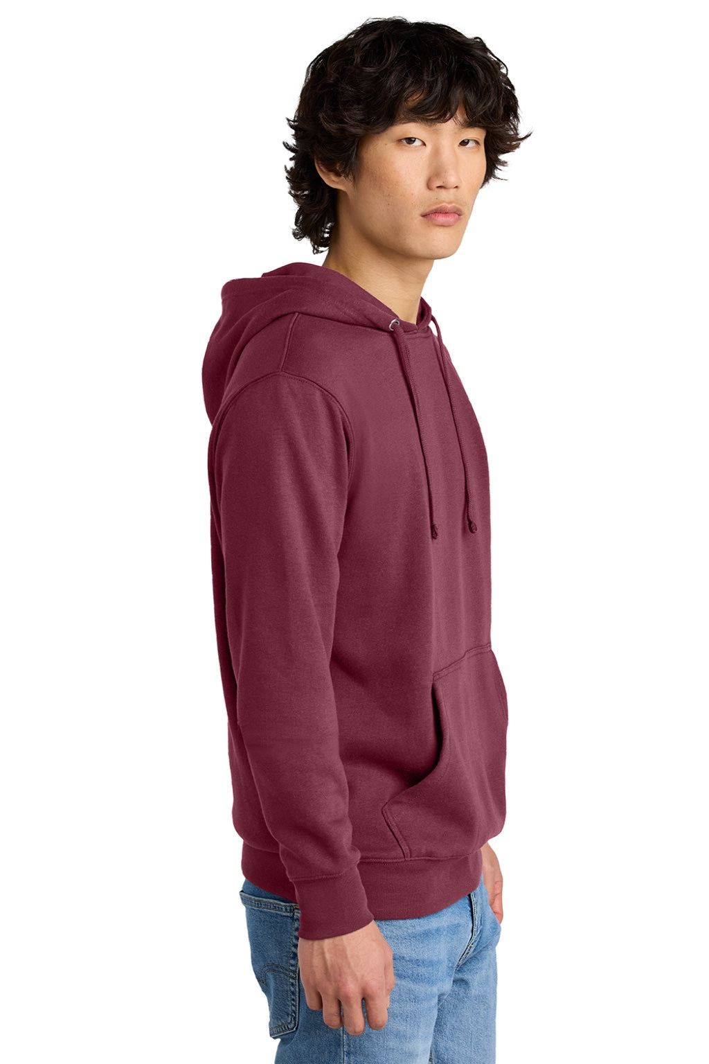 District DT6100 Mens Very Important Fleece Hooded Sweatshirt Hoodie w/ Pouch Pocket Plum Purple Model Side