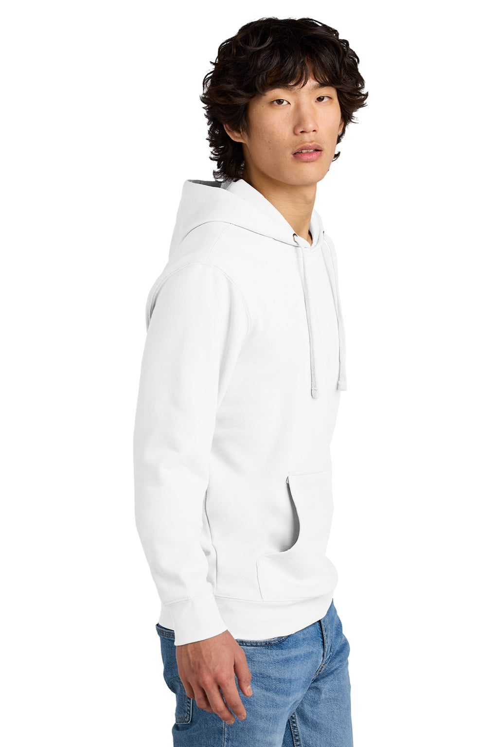 District DT6100 Mens Very Important Fleece Hooded Sweatshirt Hoodie w/ Pouch Pocket White Model Side