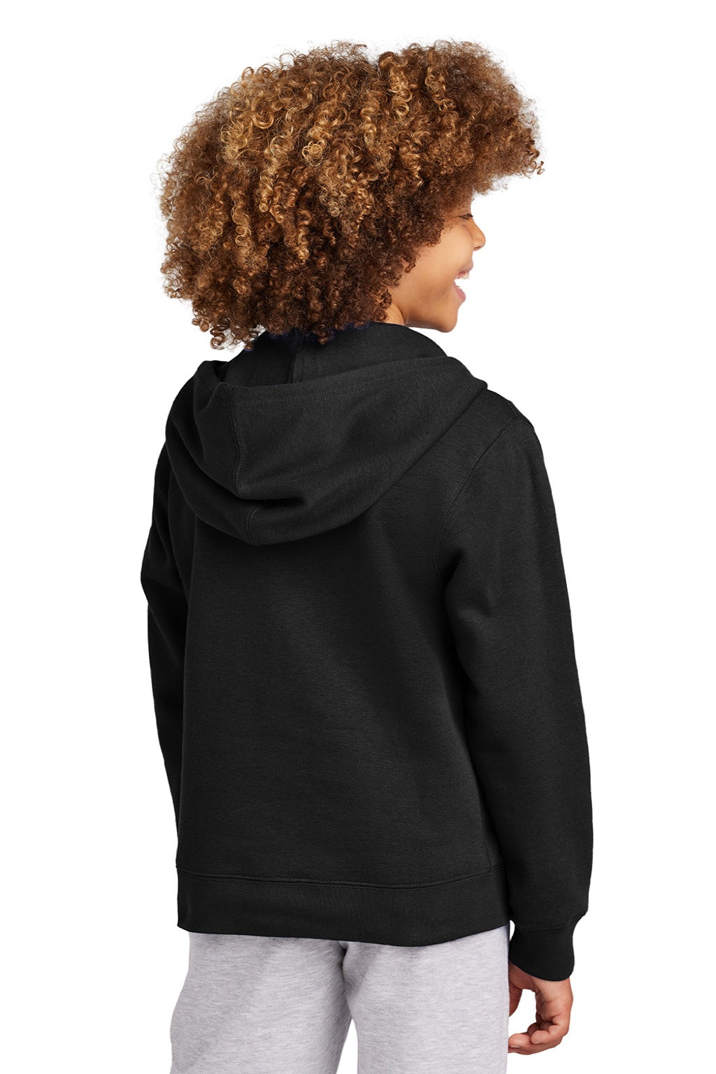 District DT6102Y Youth V.I.T. Fleece Full Zip Hooded Sweatshirt Hoodie w/ Pockets Black Model Back