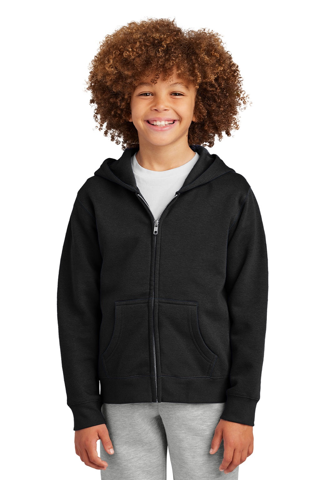 District DT6102Y Youth V.I.T. Fleece Full Zip Hooded Sweatshirt Hoodie w/ Pockets Black Model Front
