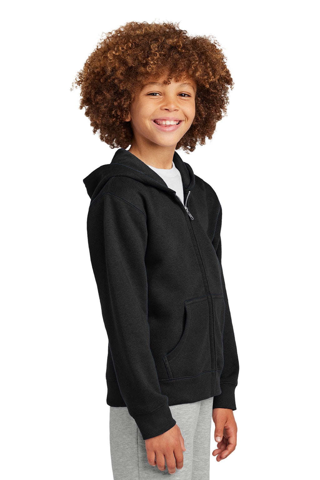 District DT6102Y Youth V.I.T. Fleece Full Zip Hooded Sweatshirt Hoodie w/ Pockets Black Model Side