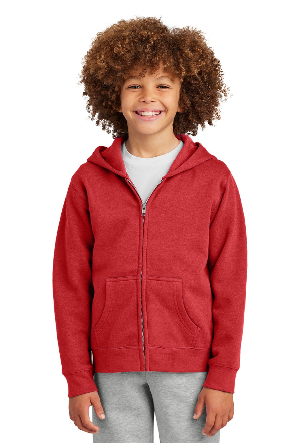 District DT6102Y Youth V.I.T. Fleece Full Zip Hooded Sweatshirt Hoodie w/ Pockets Classic Red Model Front