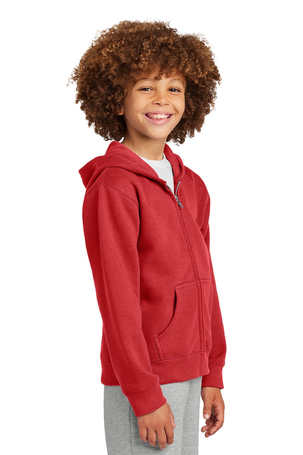 District DT6102Y Youth V.I.T. Fleece Full Zip Hooded Sweatshirt Hoodie w/ Pockets Classic Red Model Side